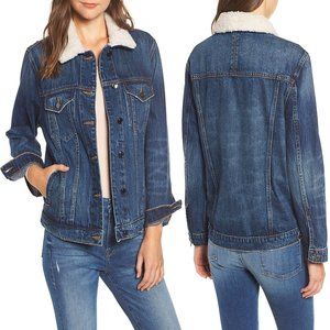 Good American Oversized Boyfriend Denim Jean Jacket Faux Shearling Trim Size 0-1
